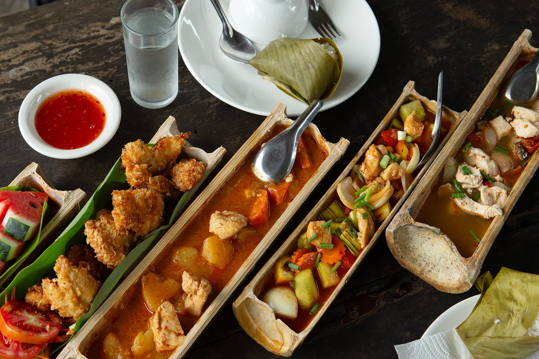 eating local thai food in bamboo