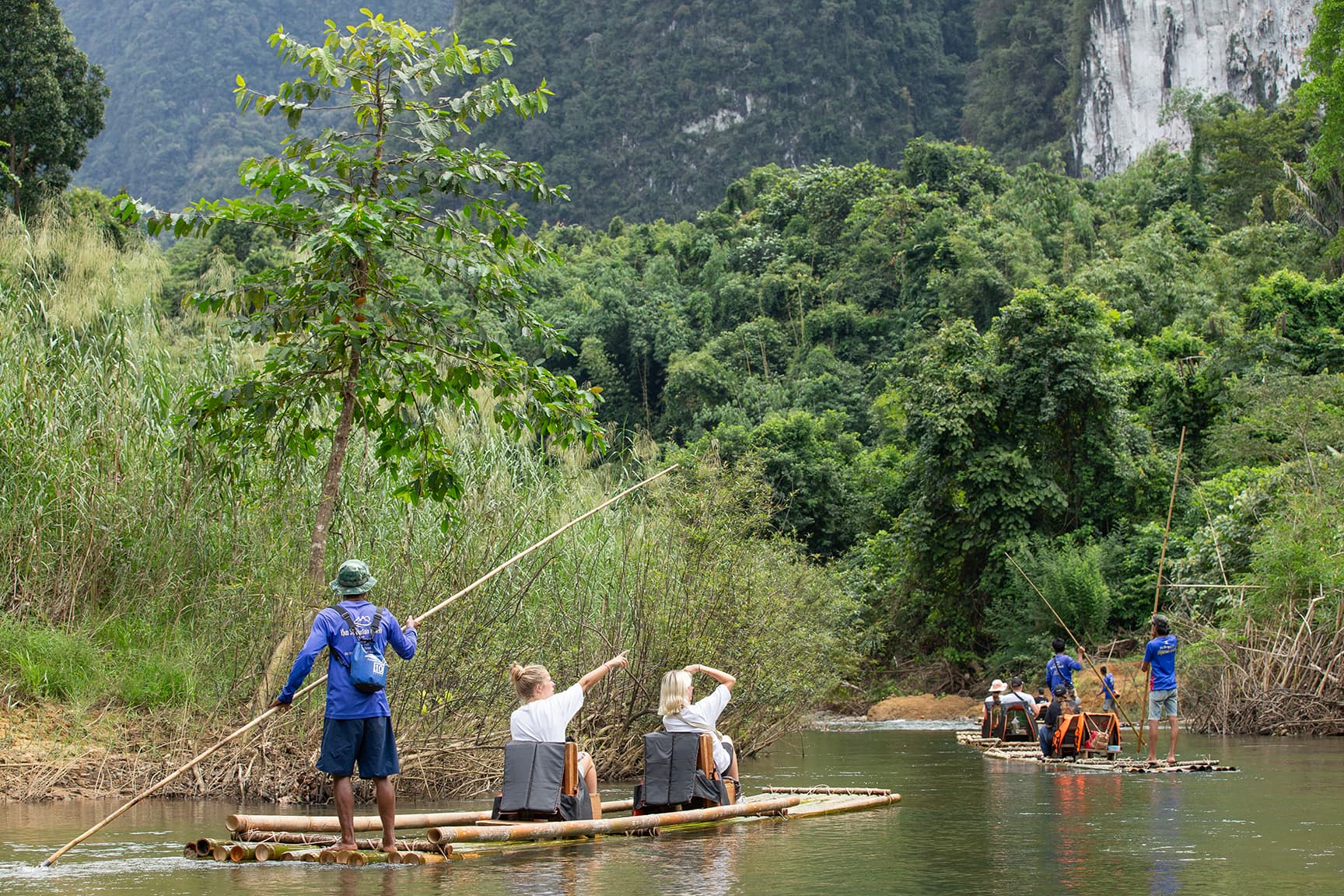Floating down the river on a bamboo raft 