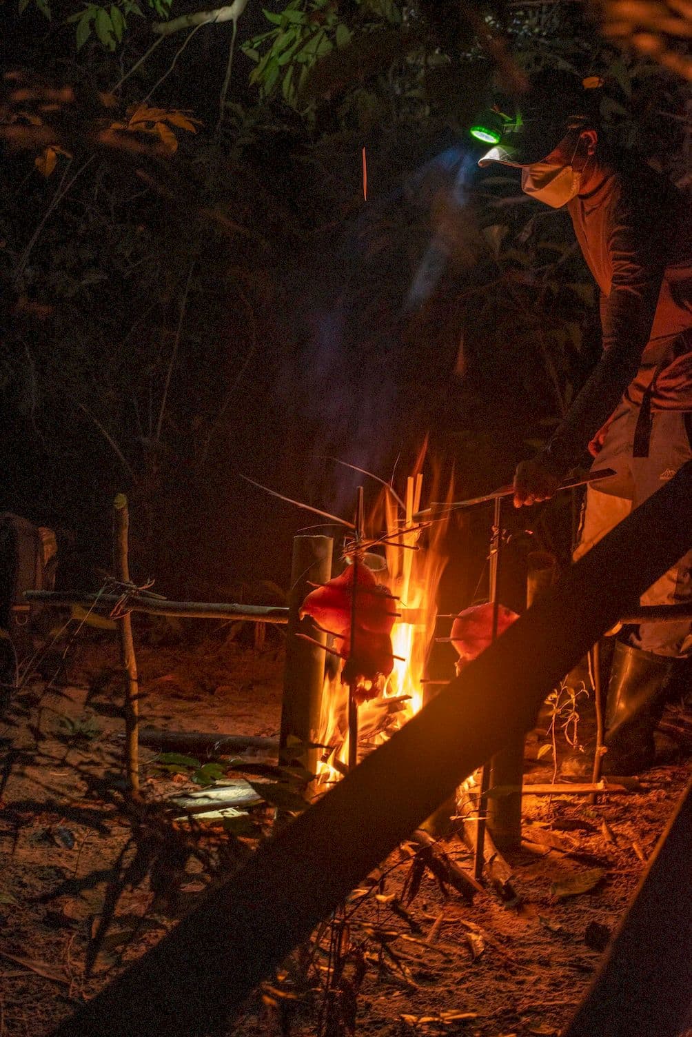 Cooking food over a campfire