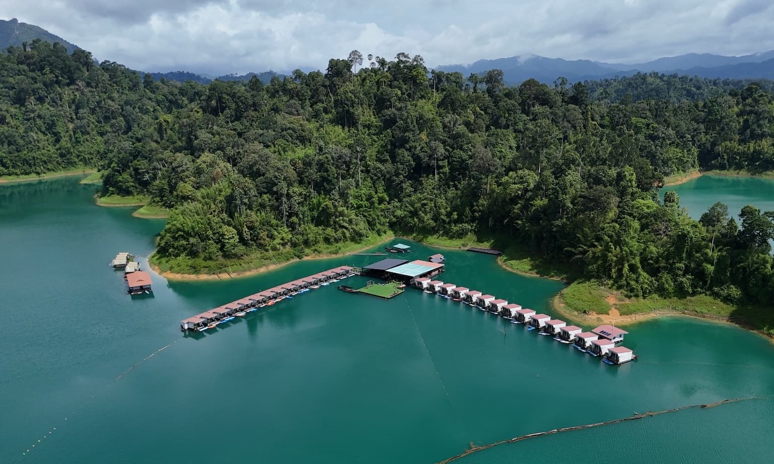 Aerial view of raft houses on the lake