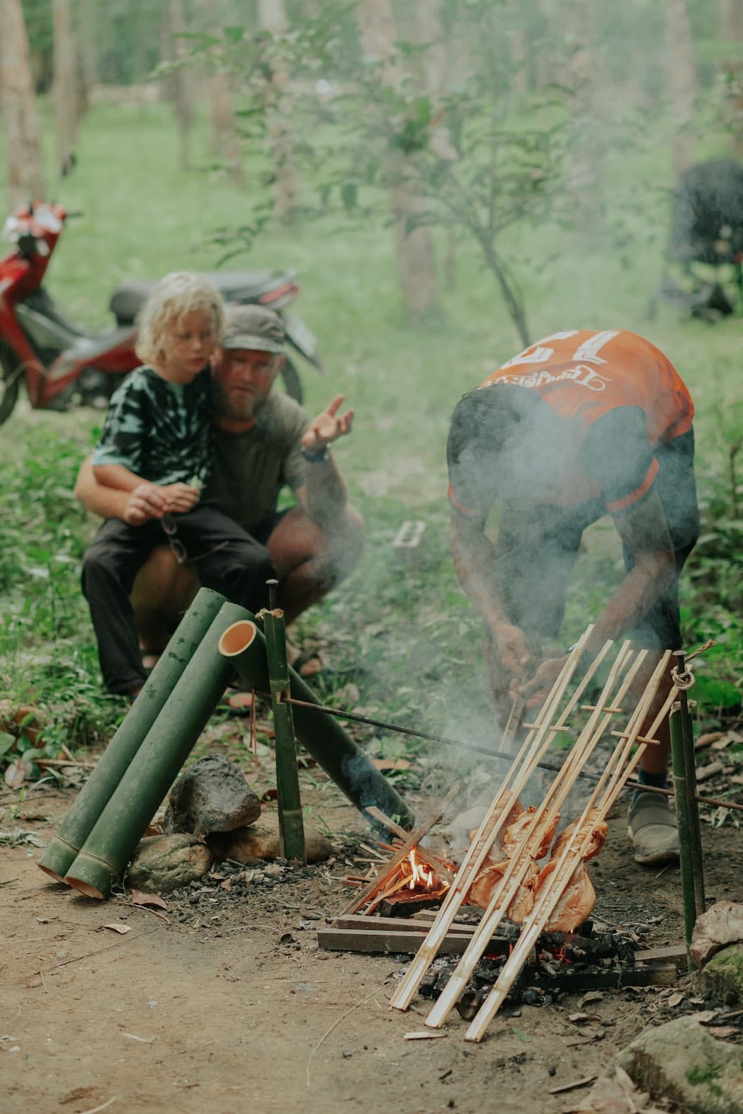 Bamboo cooking over the fire